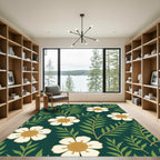 Dark Teal White Floral Botanical Rug
