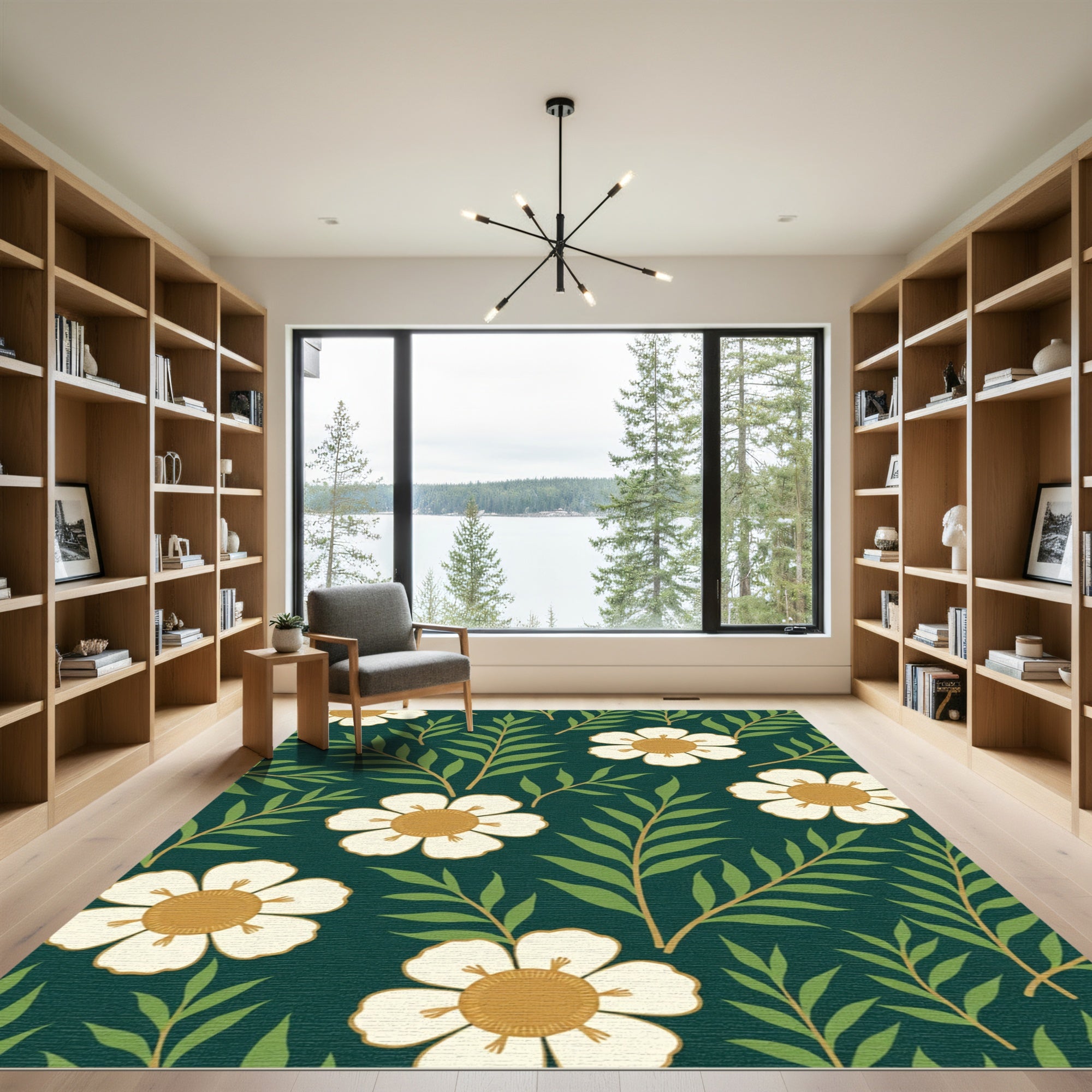 Dark Teal White Floral Botanical Rug