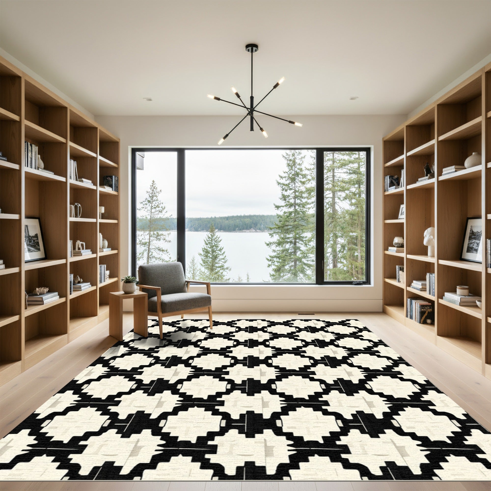 Cream Black Geometric Stair Motif Rug
