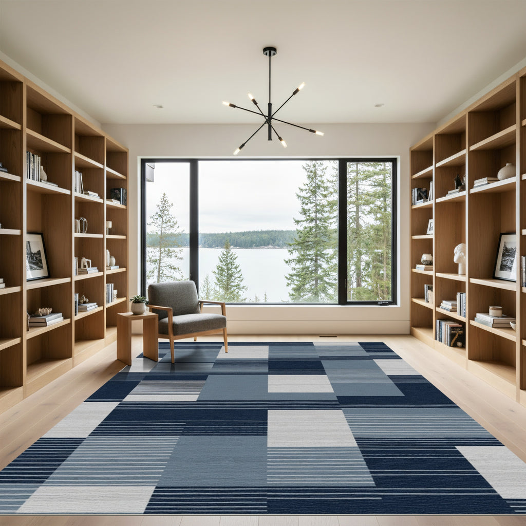 Navy Blue And Gray Rectangular Blocks Rug