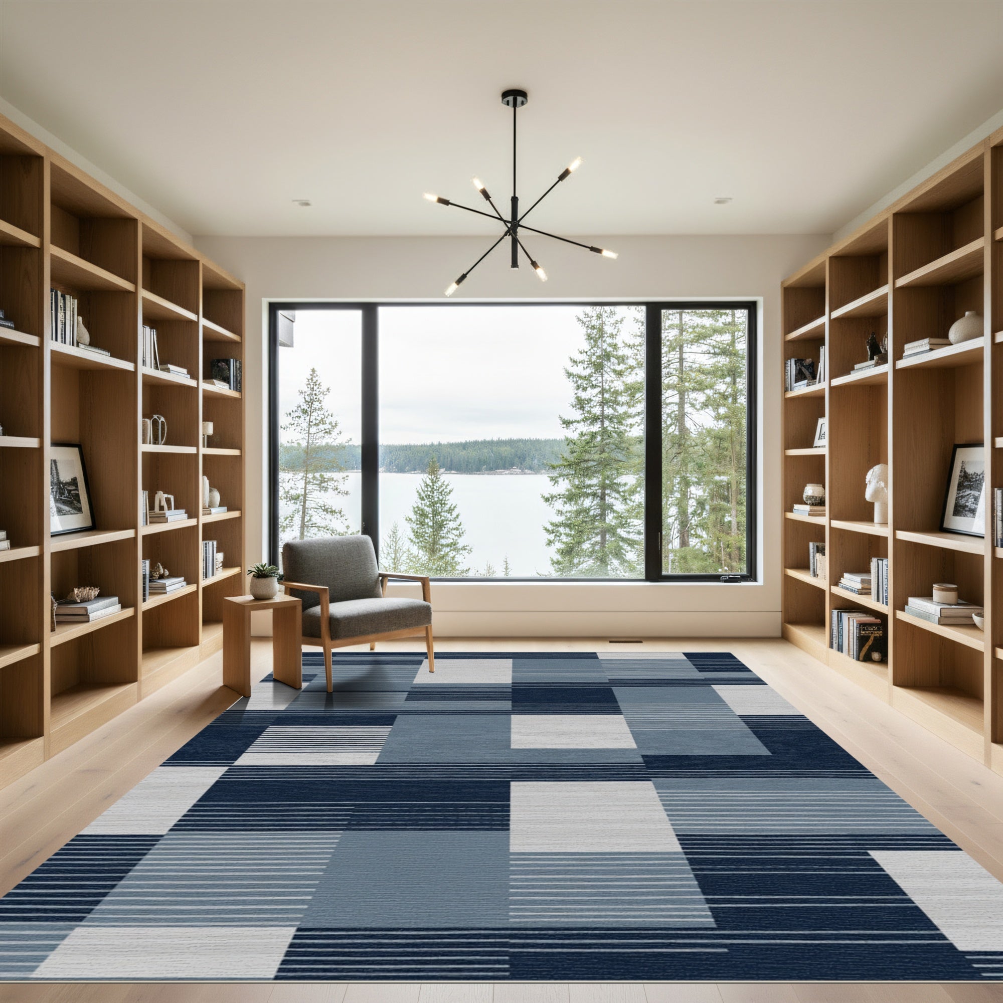 Navy Blue And Gray Rectangular Blocks Rug