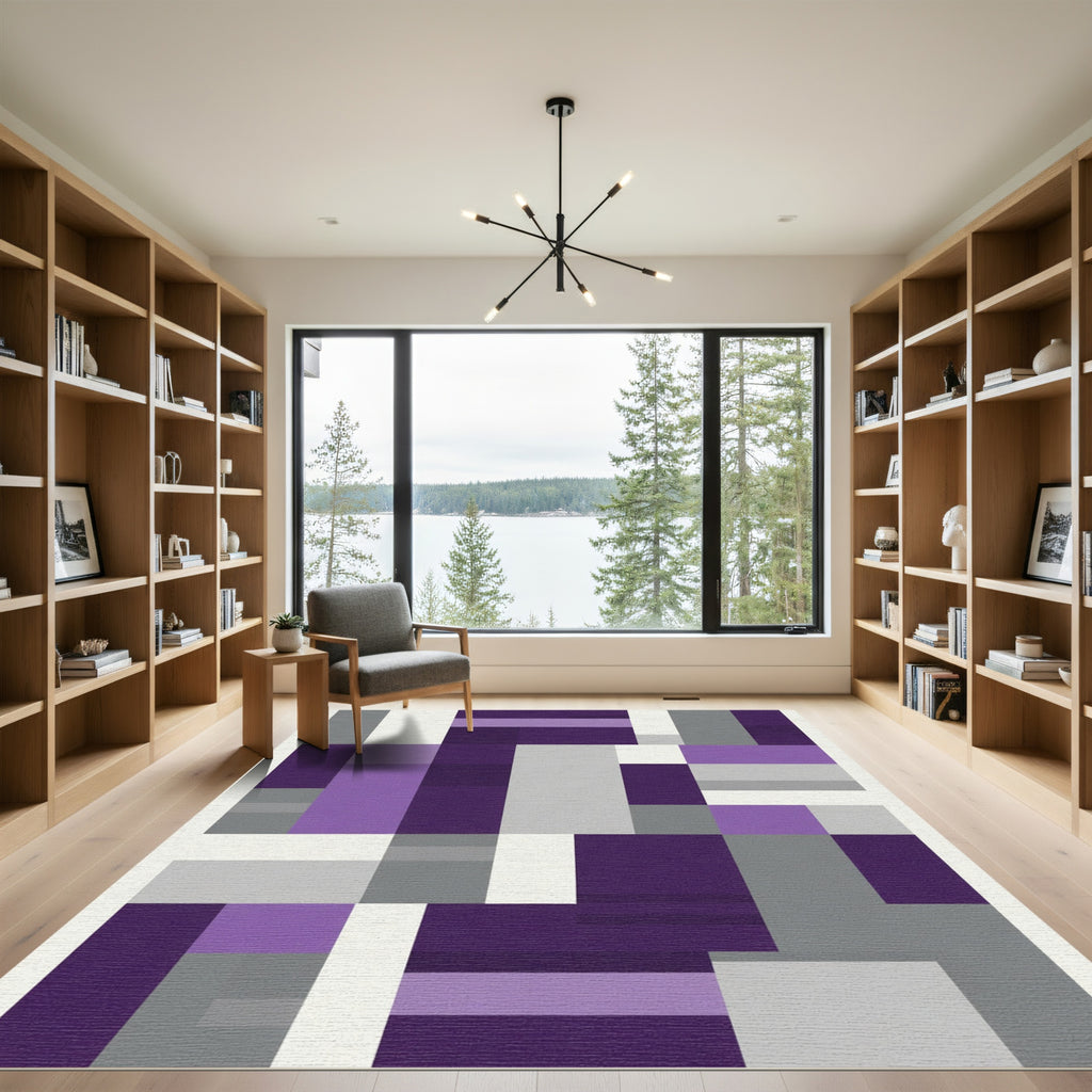 Abstract Purple Gray Geometric Blocks Rug
