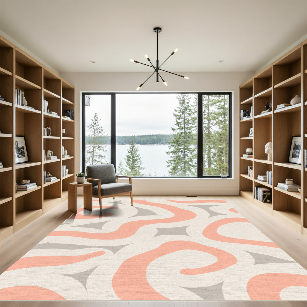 Coral And Gray Abstract Swirl Rug