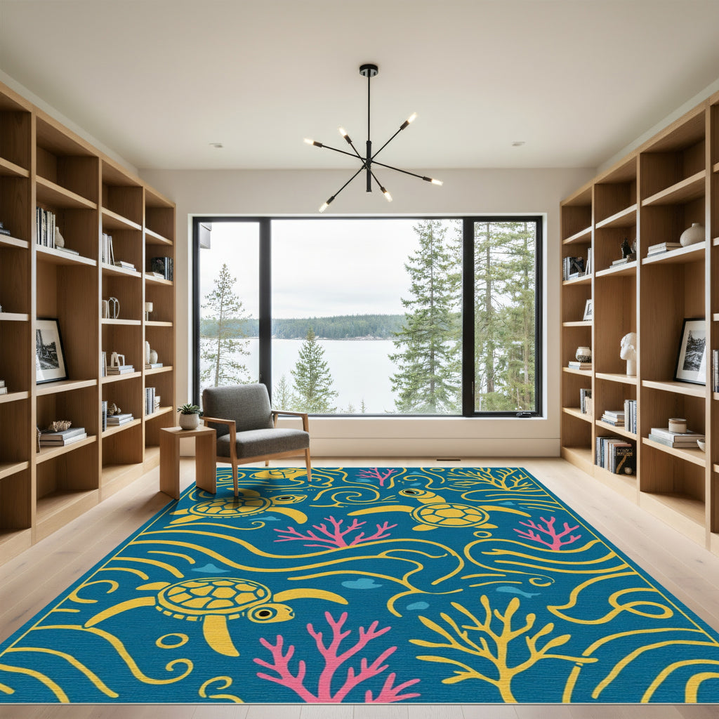 Teal Yellow Sea Turtle Coral Waves Rug