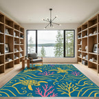 Teal Yellow Sea Turtle Coral Waves Rug