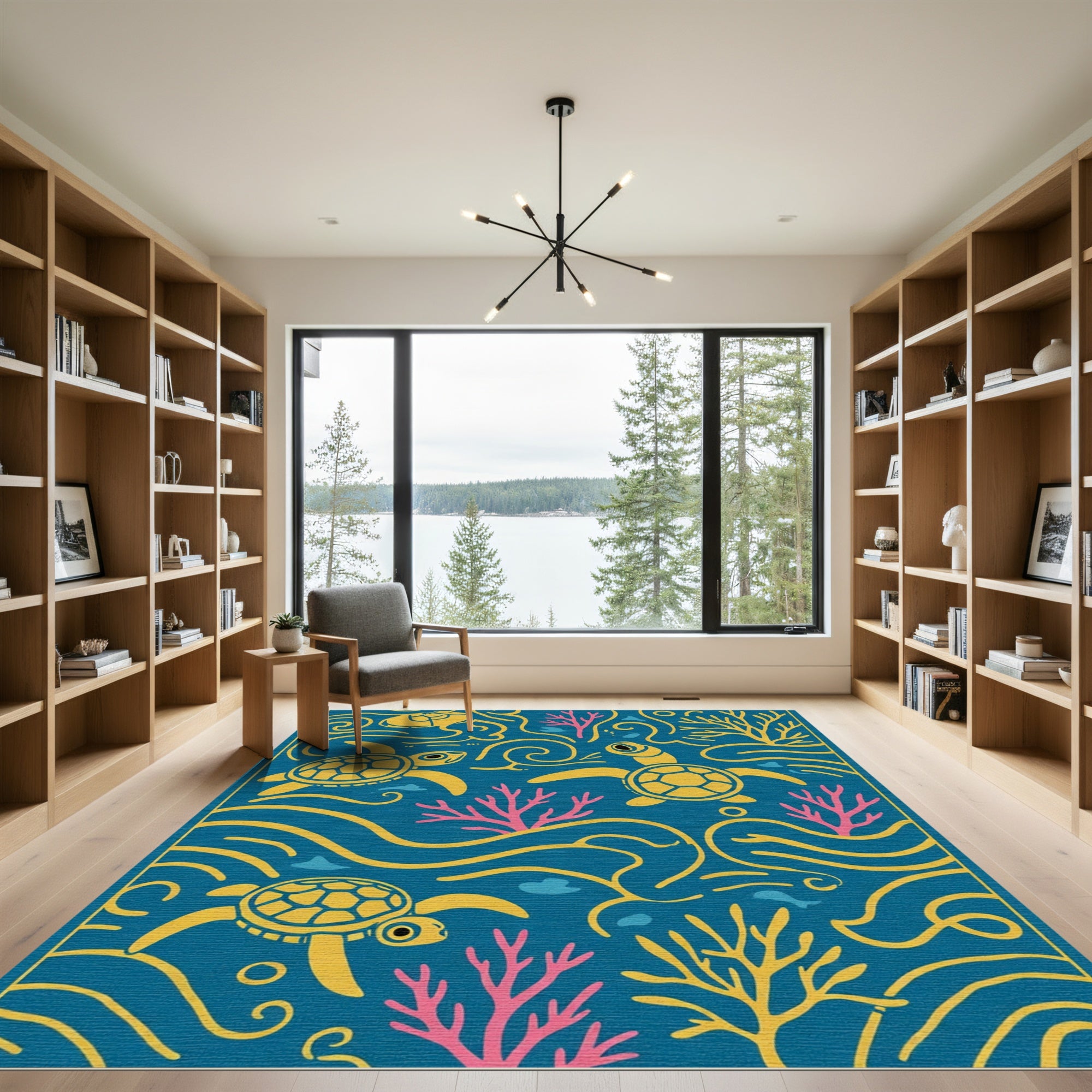 Teal Yellow Sea Turtle Coral Waves Rug