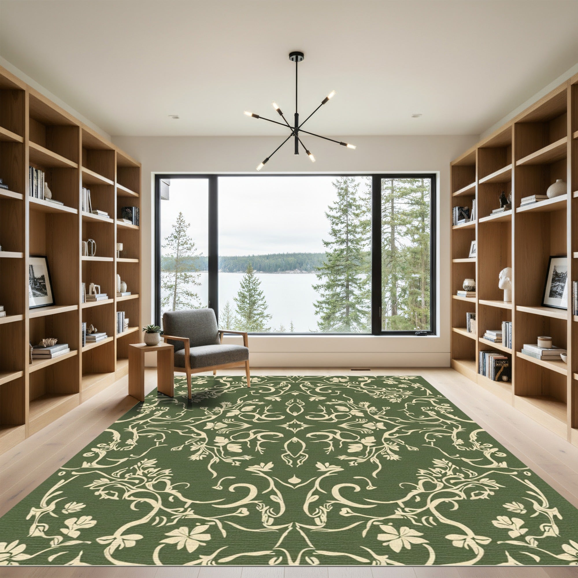 Olive Green Floral Vine Symmetry Rug