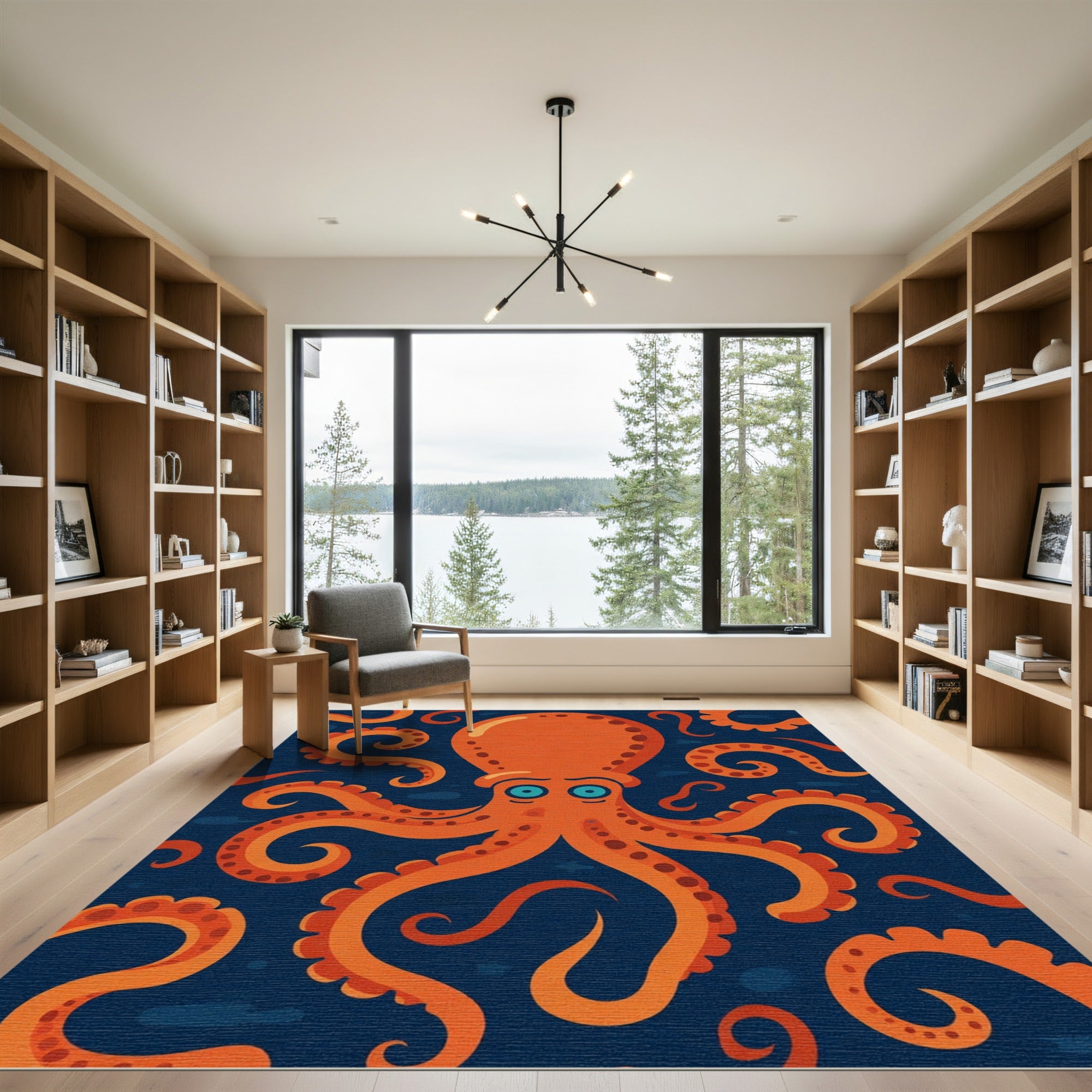 Amber Octopus Swirl Blue Background Rug