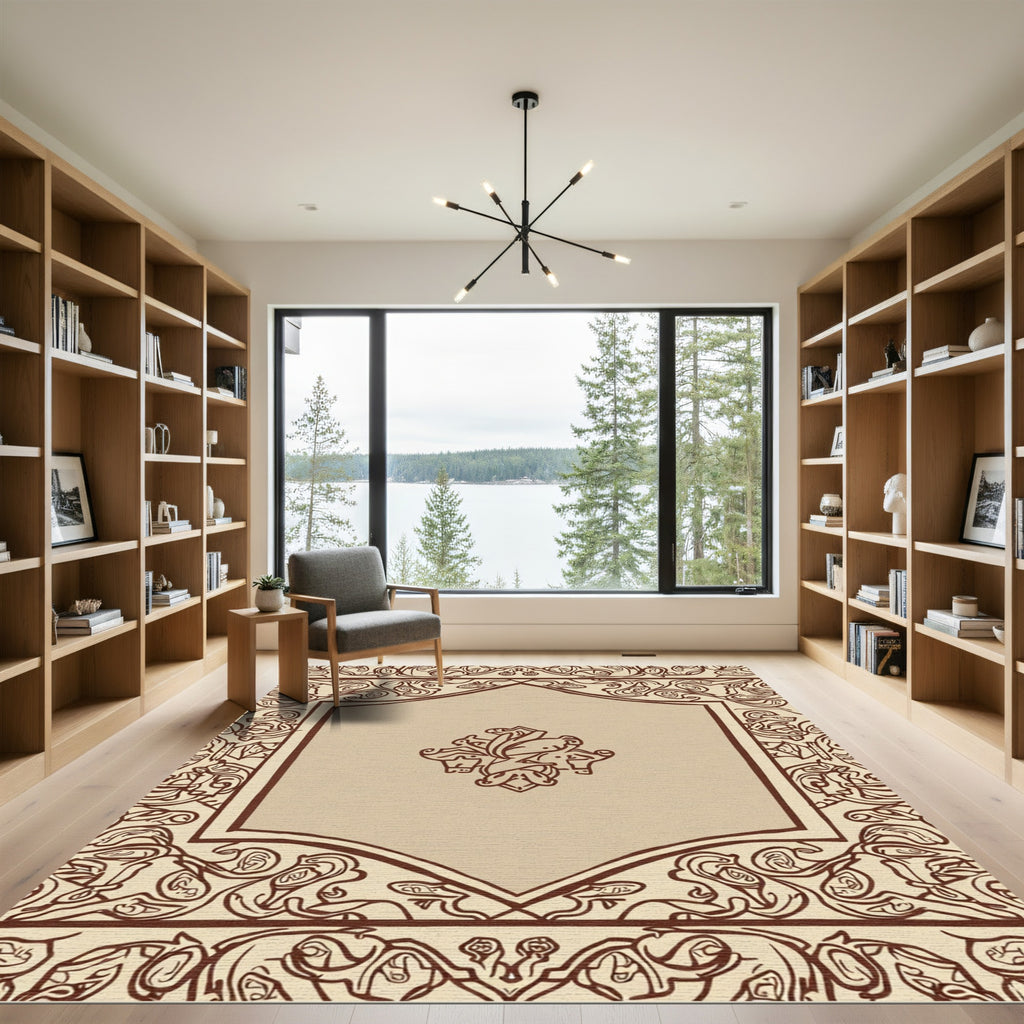 Ornate Brown Floral Scrollwork Rug