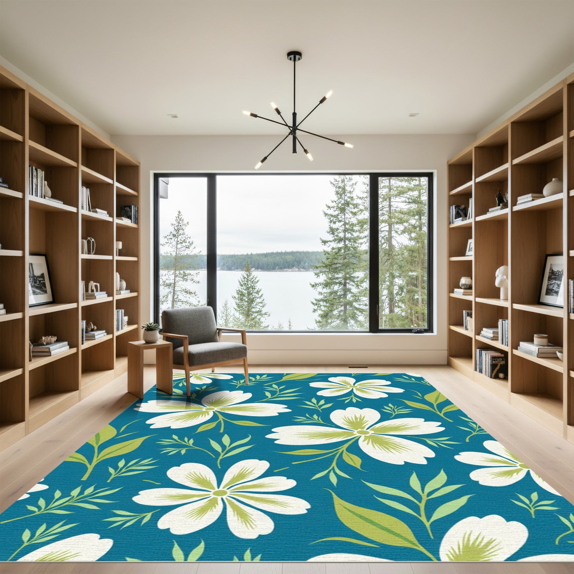 White Bloom Green Leaf Teal Background Rug