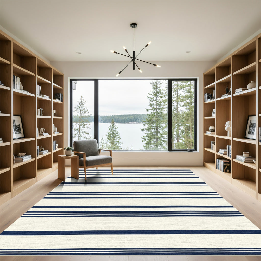 Navy Blue And Cream Striped Rug
