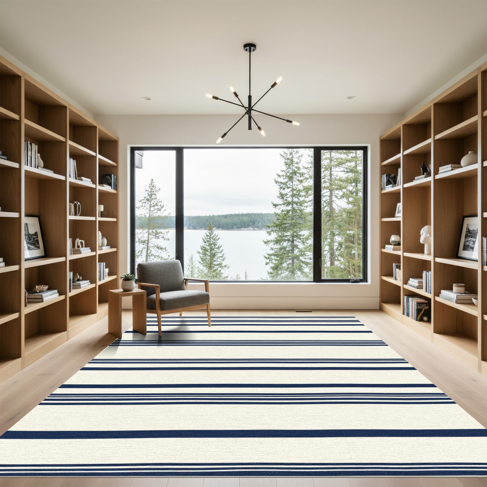 Navy Blue And Cream Striped Rug