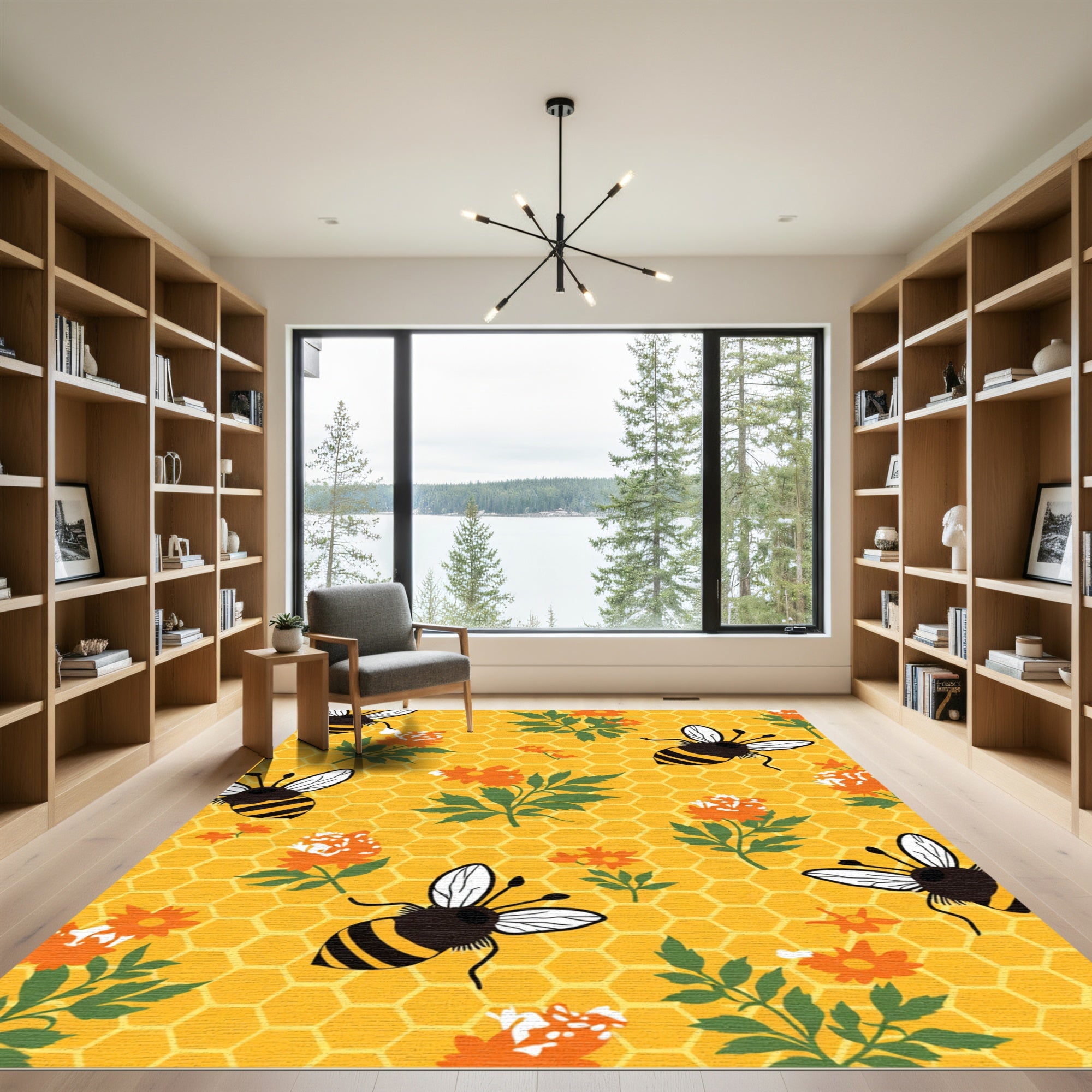 Bright yellow honeybee floral garden Rug