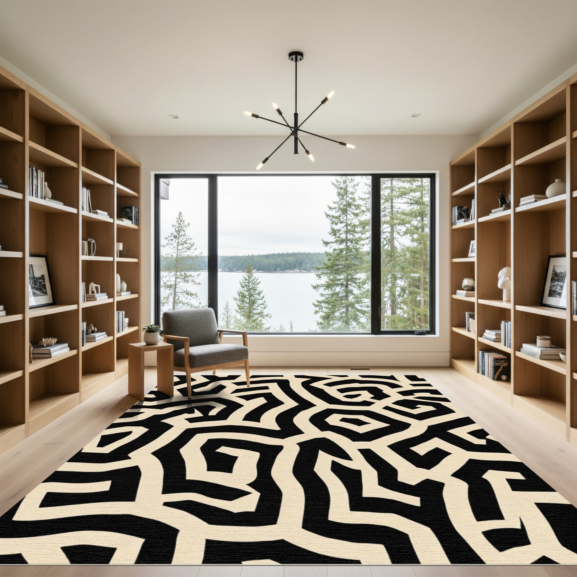Bold Black Cream Labyrinth Rug