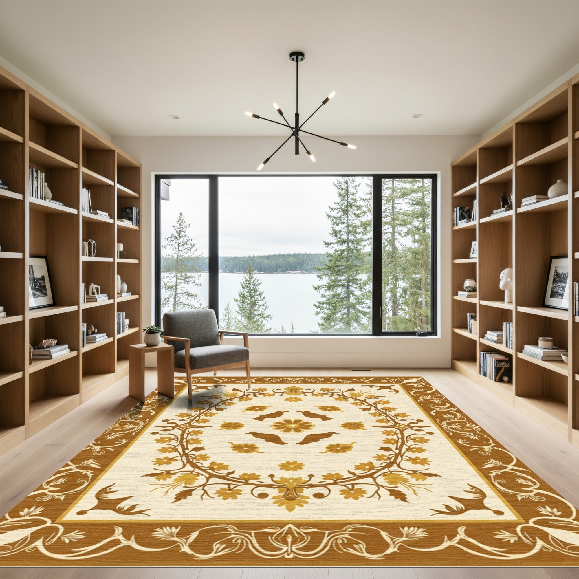Earthy Brown Bird Floral Vine Rug