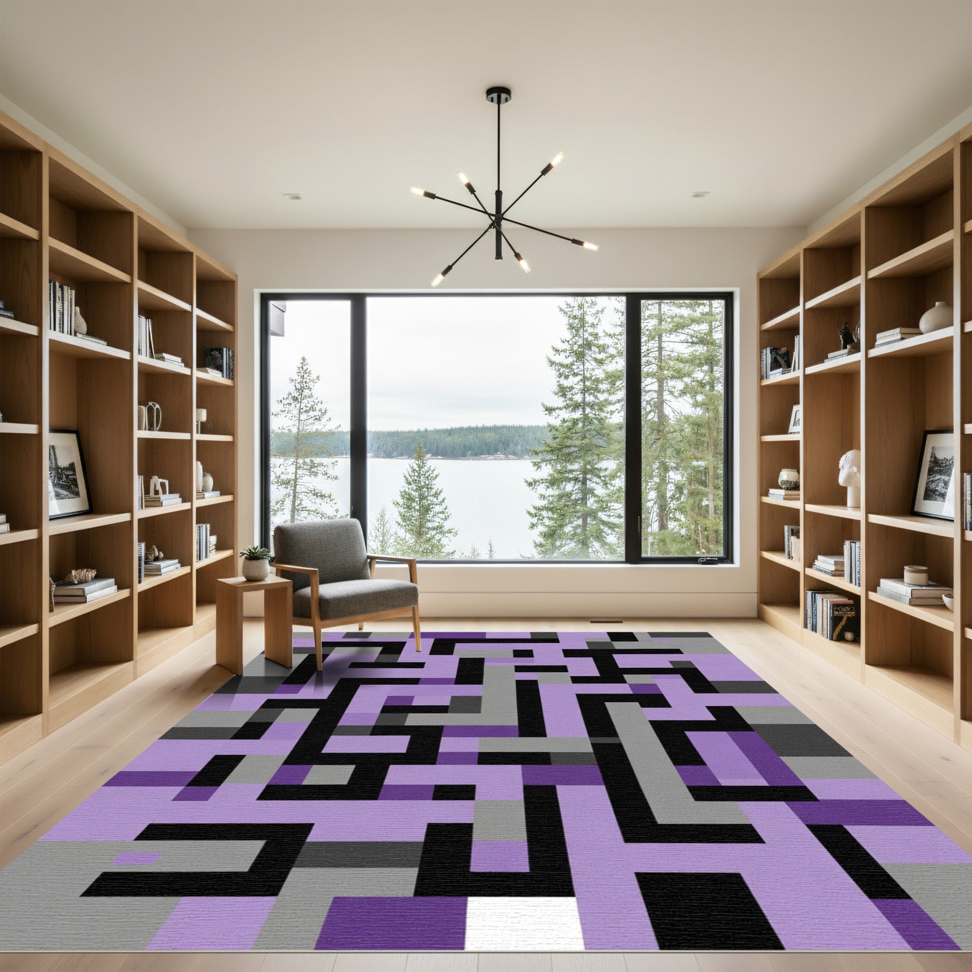 Purple Gray Black Geometric Maze Rug