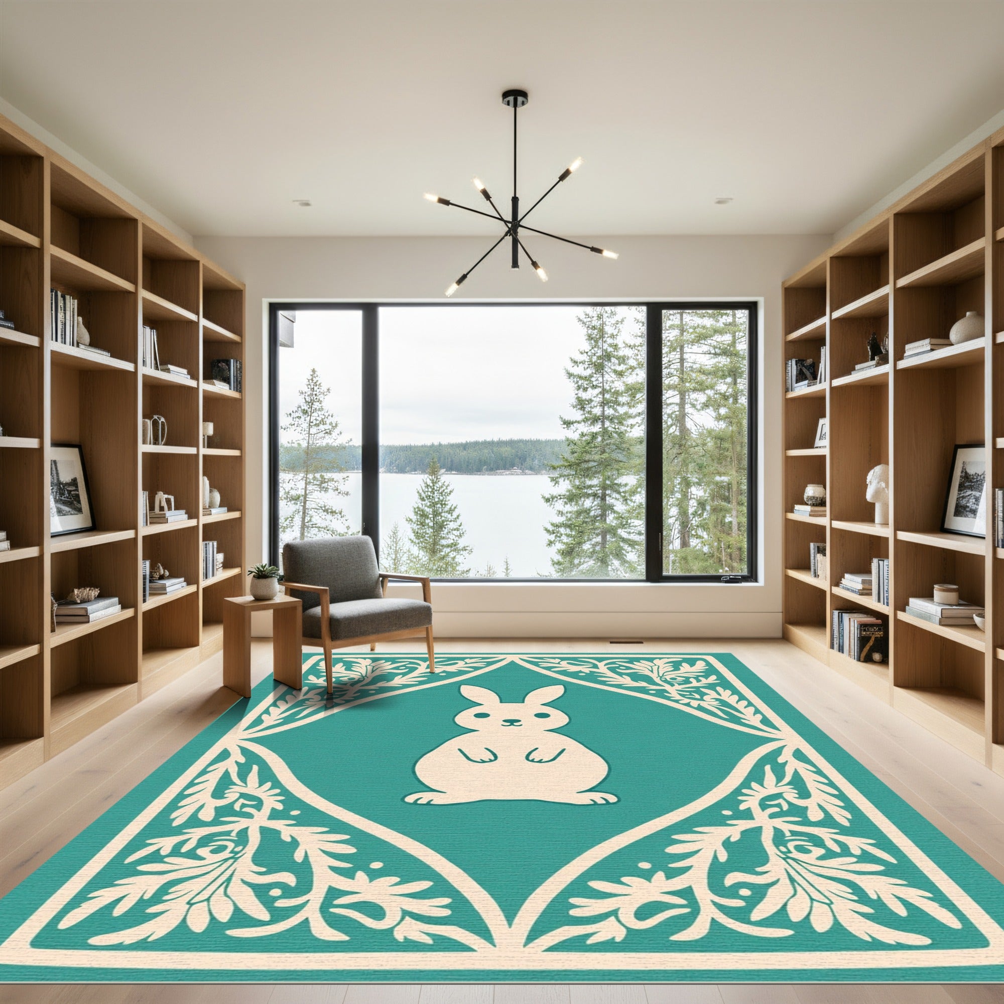 Cream Bunny Floral Medallion Teal Rug