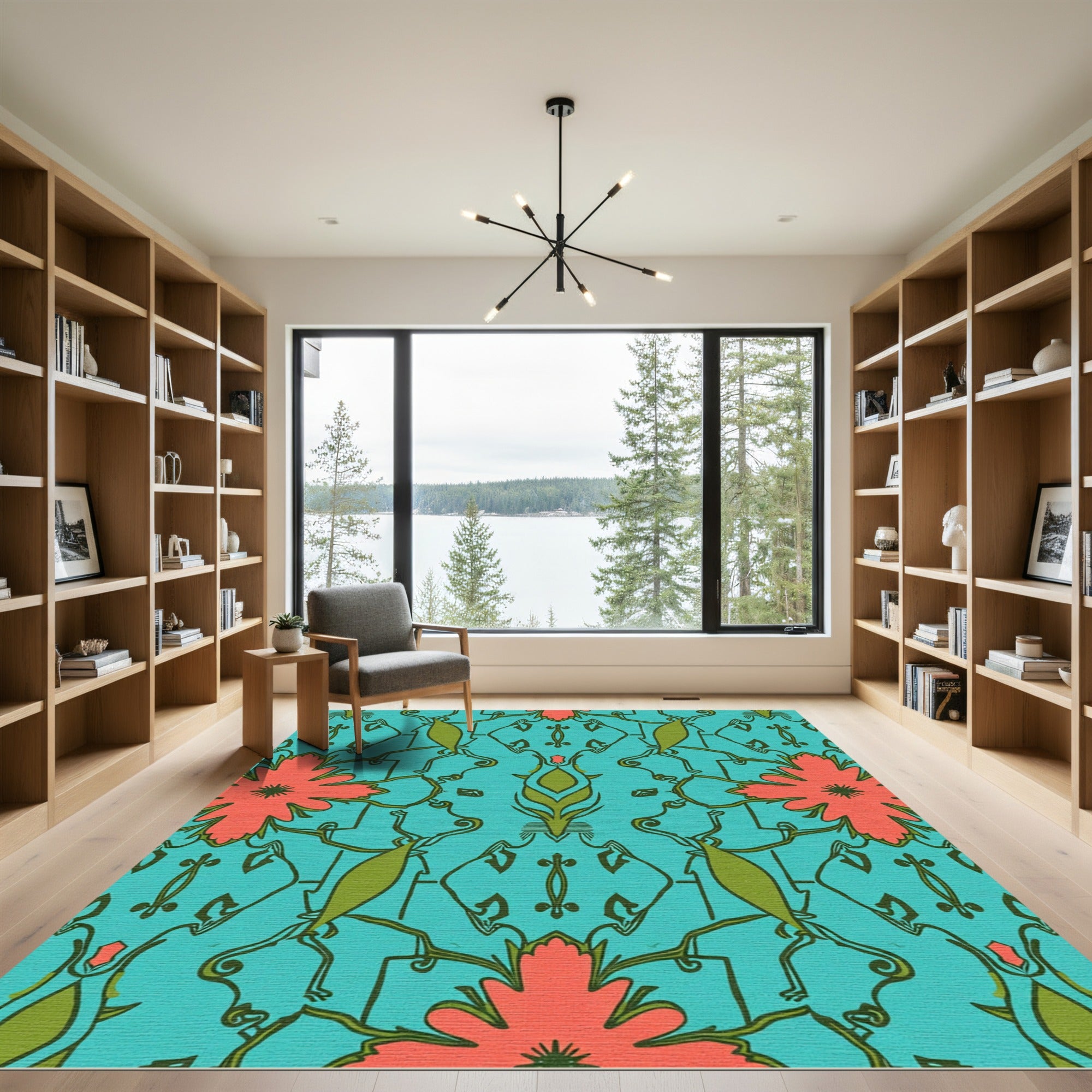 Teal Coral Floral Vine Scroll Rug