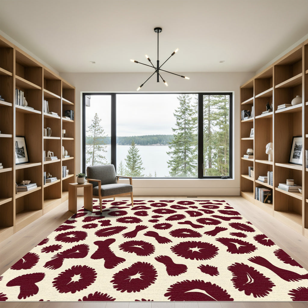 Maroon Abstract Spots Leopard Print Rug