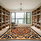 Bold Orange Lion Tribal Frame Rug