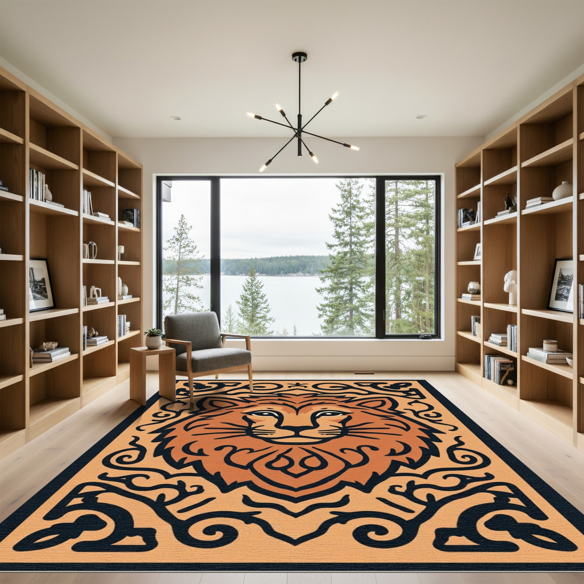 Bold Orange Lion Tribal Frame Rug