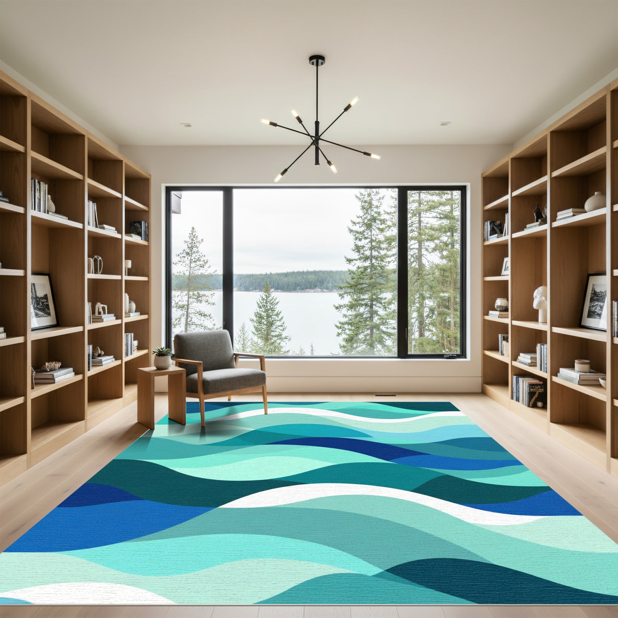 Teal Blue Abstract Wave Rug