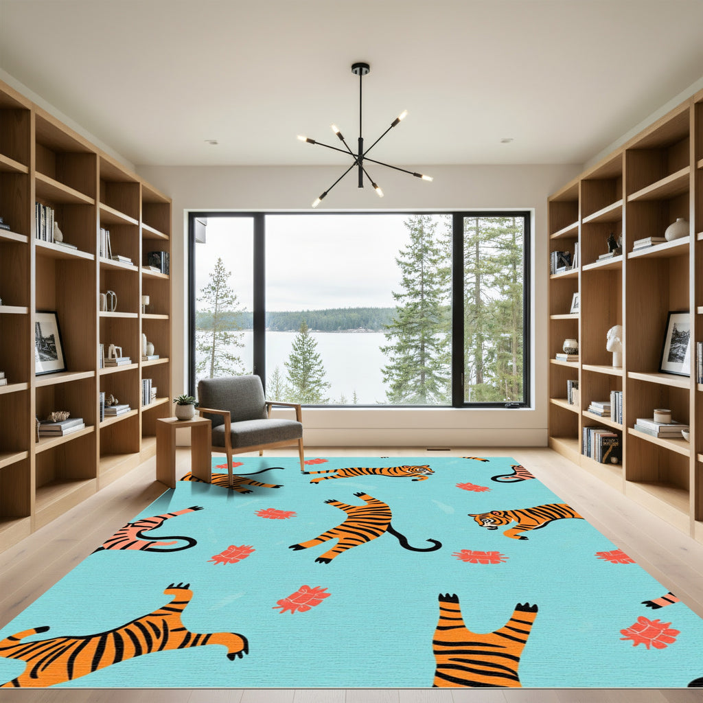 Playful Orange Tigers Light Blue Background Rug