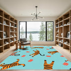 Playful Orange Tigers Light Blue Background Rug
