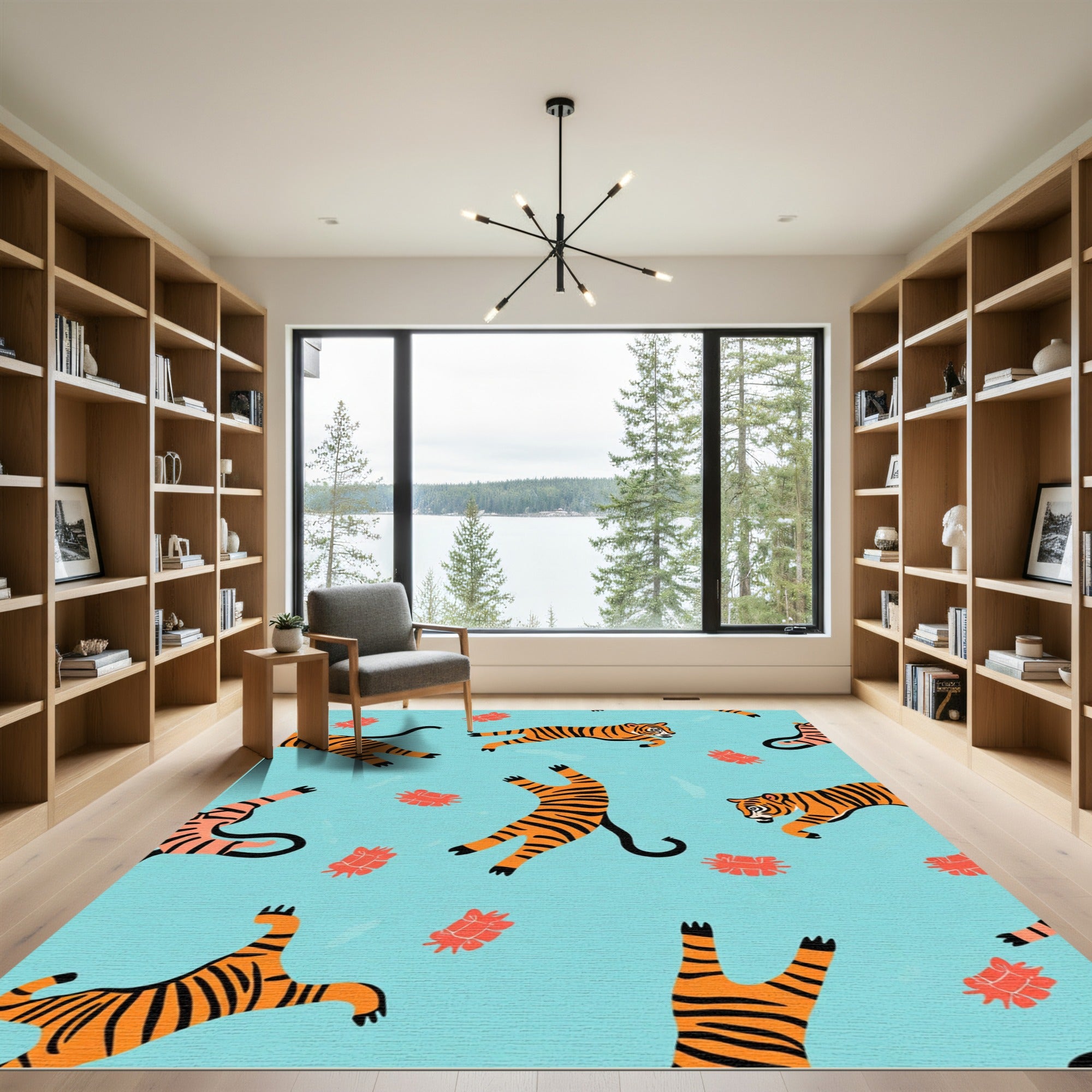 Playful Orange Tigers Light Blue Background Rug