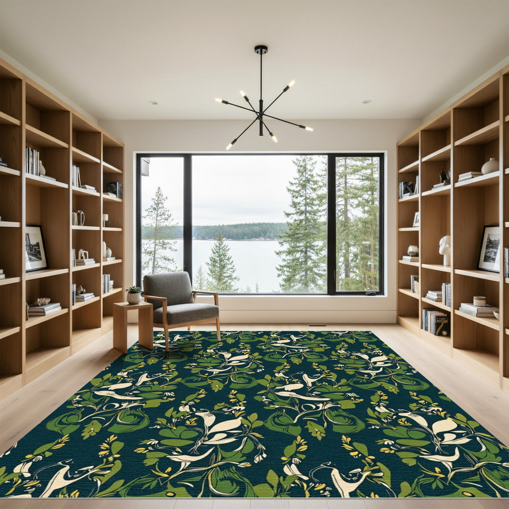 Dark Teal Cream Bird Pear Branches Rug