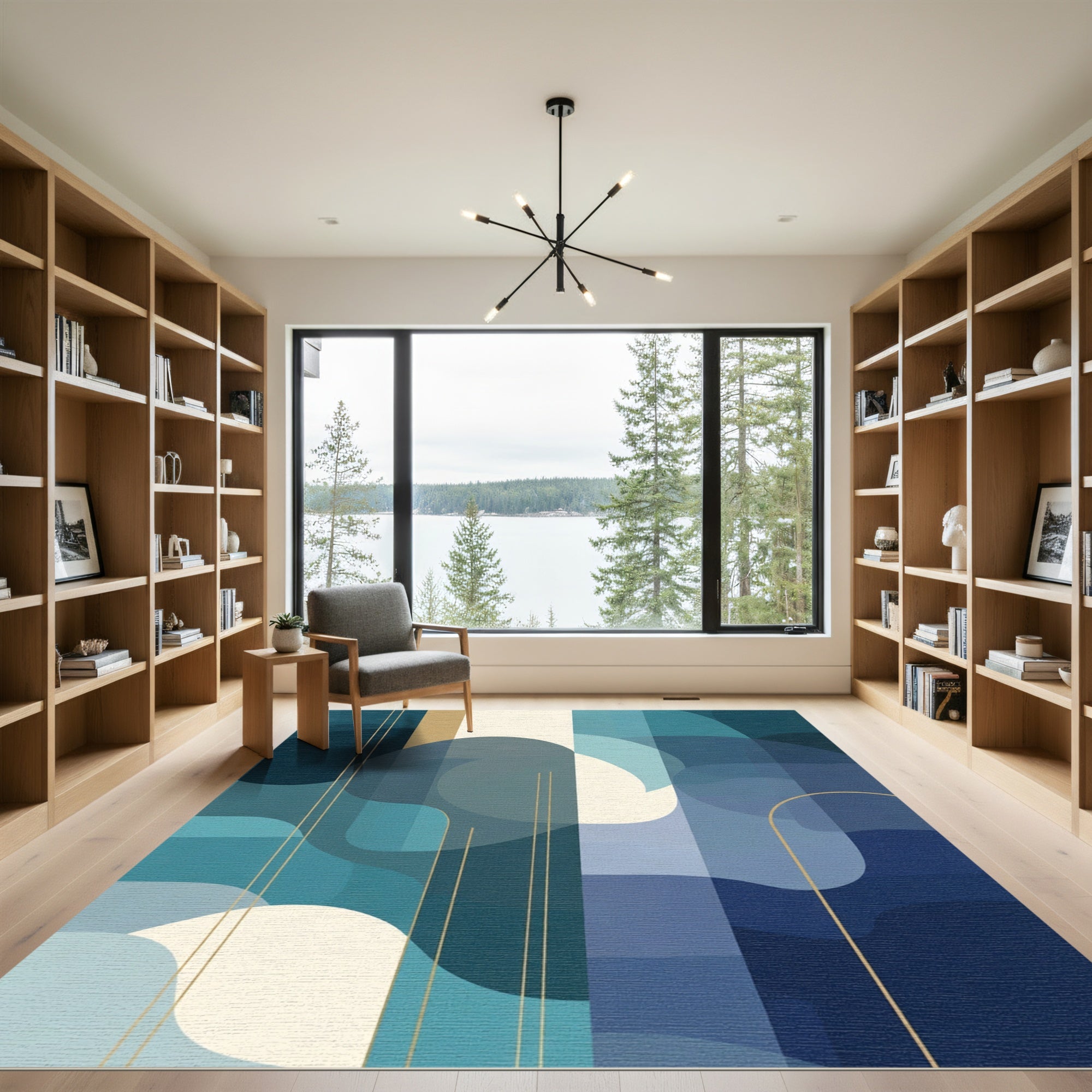 Modern Blue Abstract Waves Geometric Rug