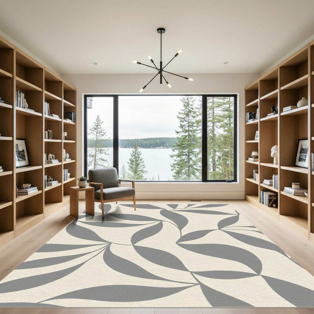 Cream Gray Abstract Leaf Swirl Rug