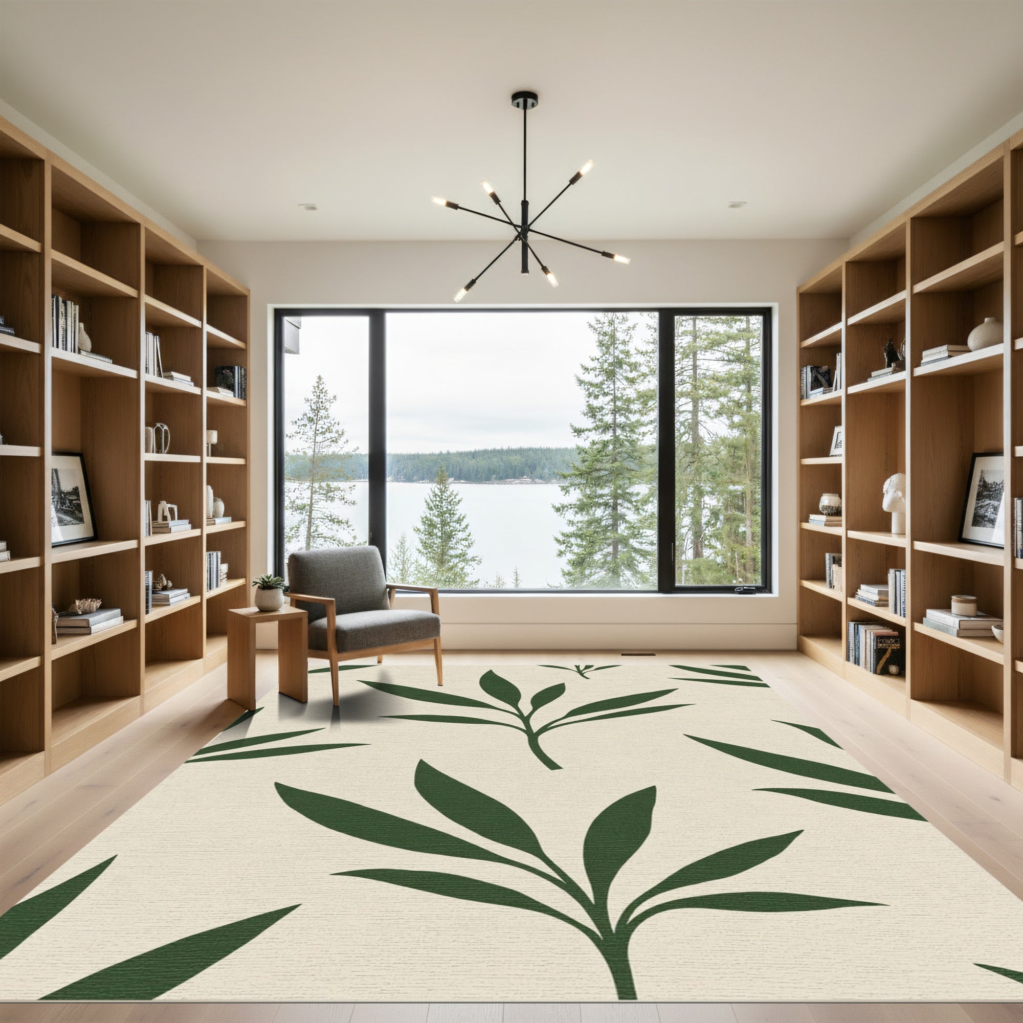 Deep Forest Leaf Branch Arrangement Rug