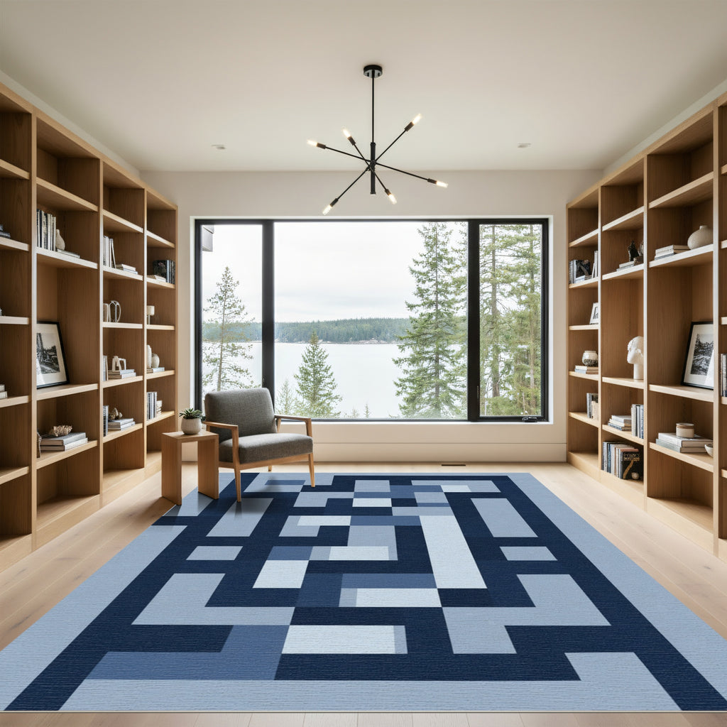 Modern Blue Geometric Maze Rug