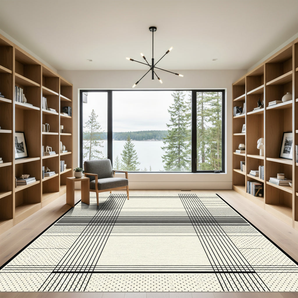 Geometric Black Grid Cream Contemporary Rug