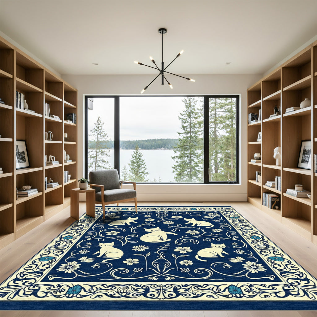 Indigo White Whimsical Cat Floral Border Rug