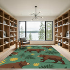 Woodland Bears Yellow Floral Forest Rug