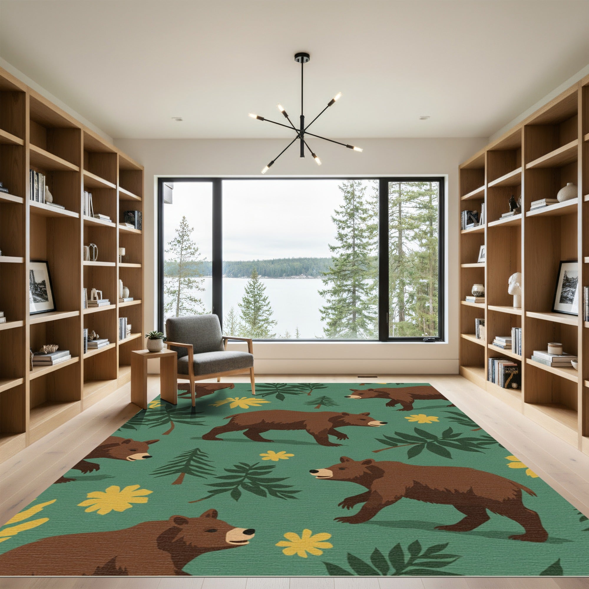 Woodland Bears Yellow Floral Forest Rug