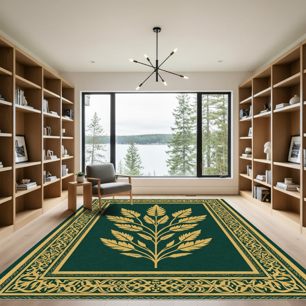 Emerald Golden Leaf Botanical Frame Rug