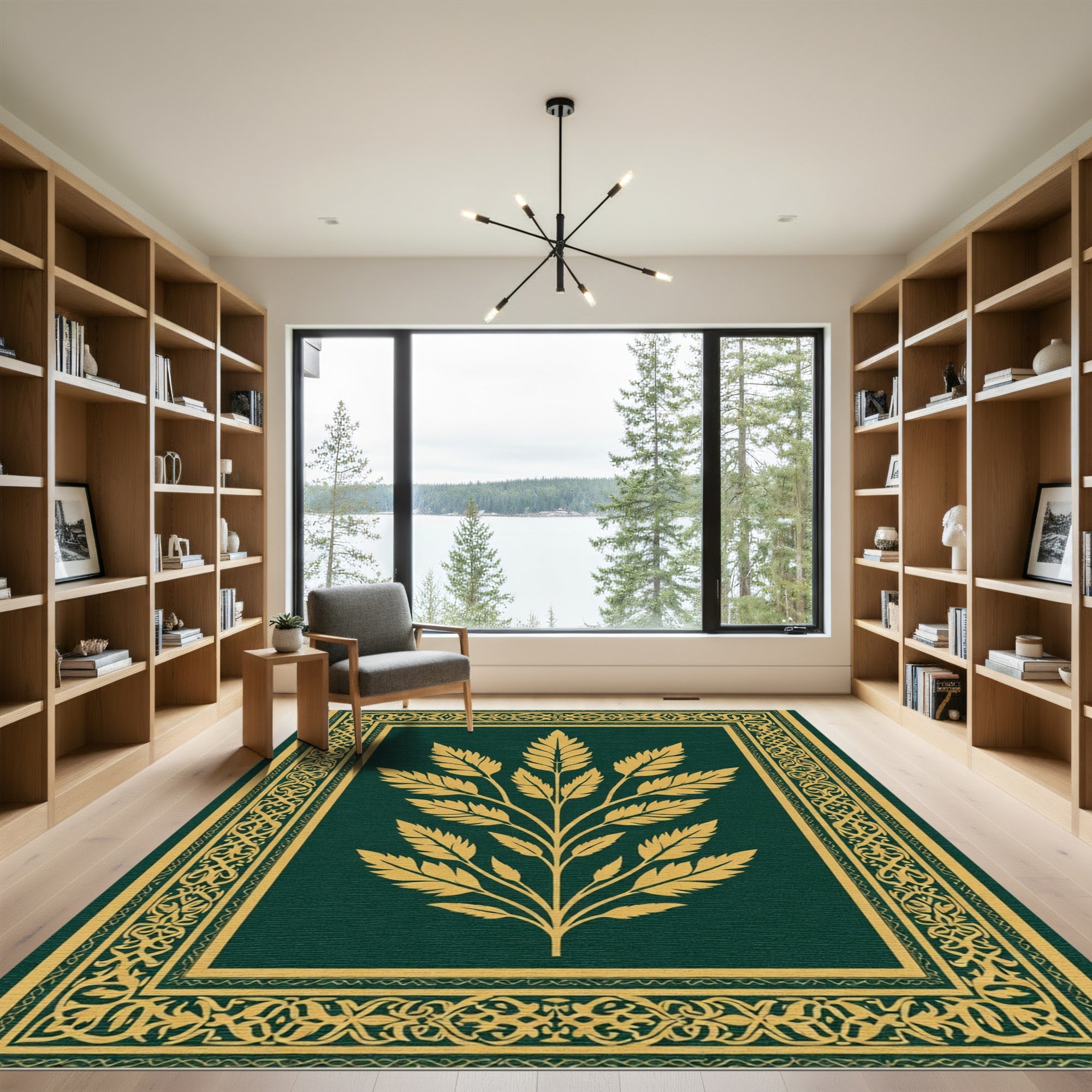 Emerald Golden Leaf Botanical Frame Rug