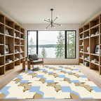 Cream Tan Blue Abstract Blocks Rug