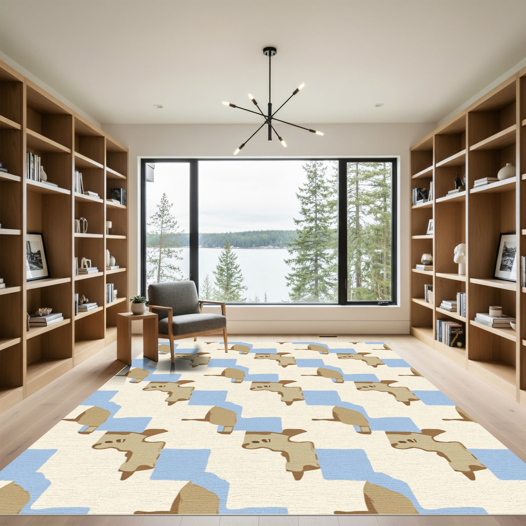 Cream Tan Blue Abstract Blocks Rug