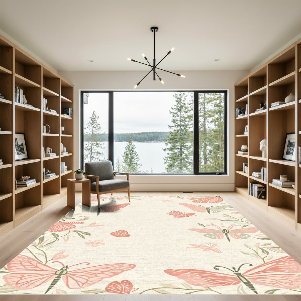 Whimsical Coral Butterfly Garden Rug