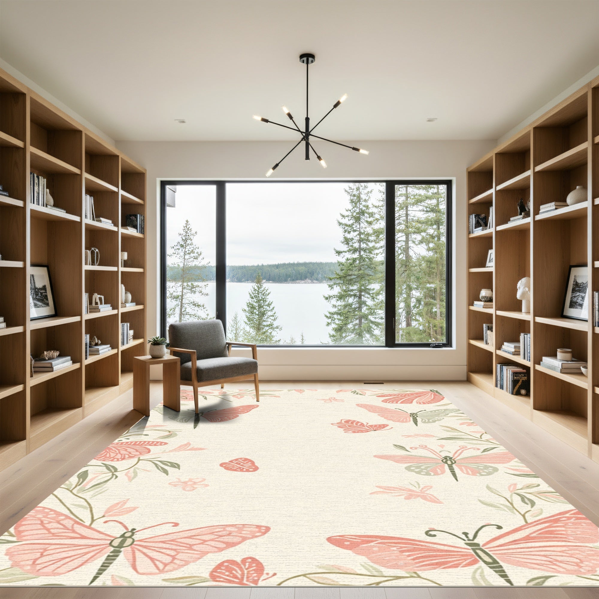 Whimsical Coral Butterfly Garden Rug