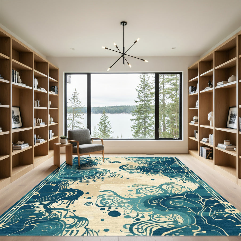 Deep Teal Abstract Organic Swirls Rug