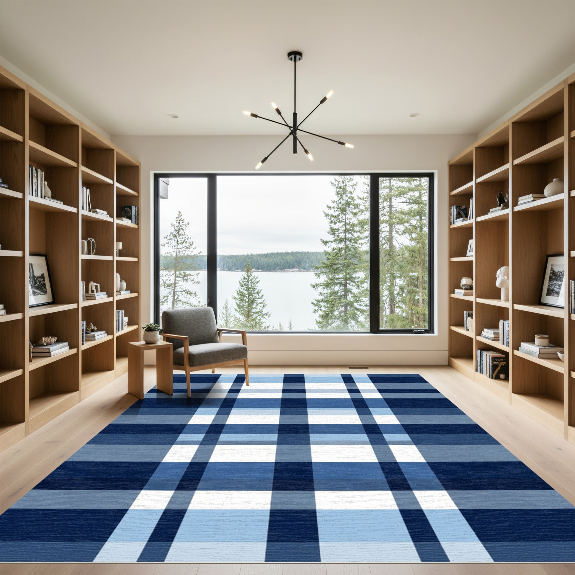 Classic Blue Gingham Plaid Lines Rug