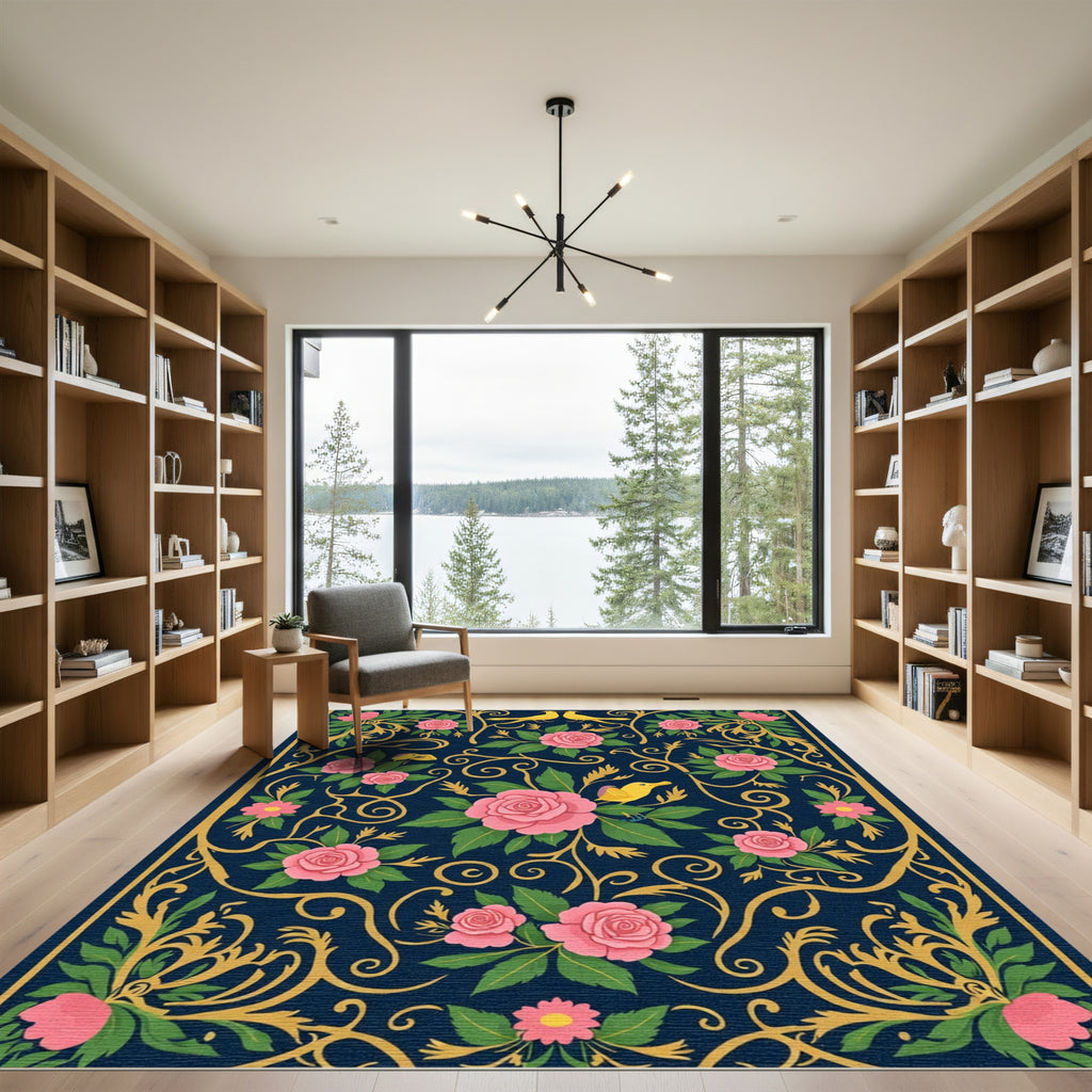 Navy Pink Floral Bird Garden Art Rug