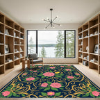 Navy Pink Floral Bird Garden Art Rug