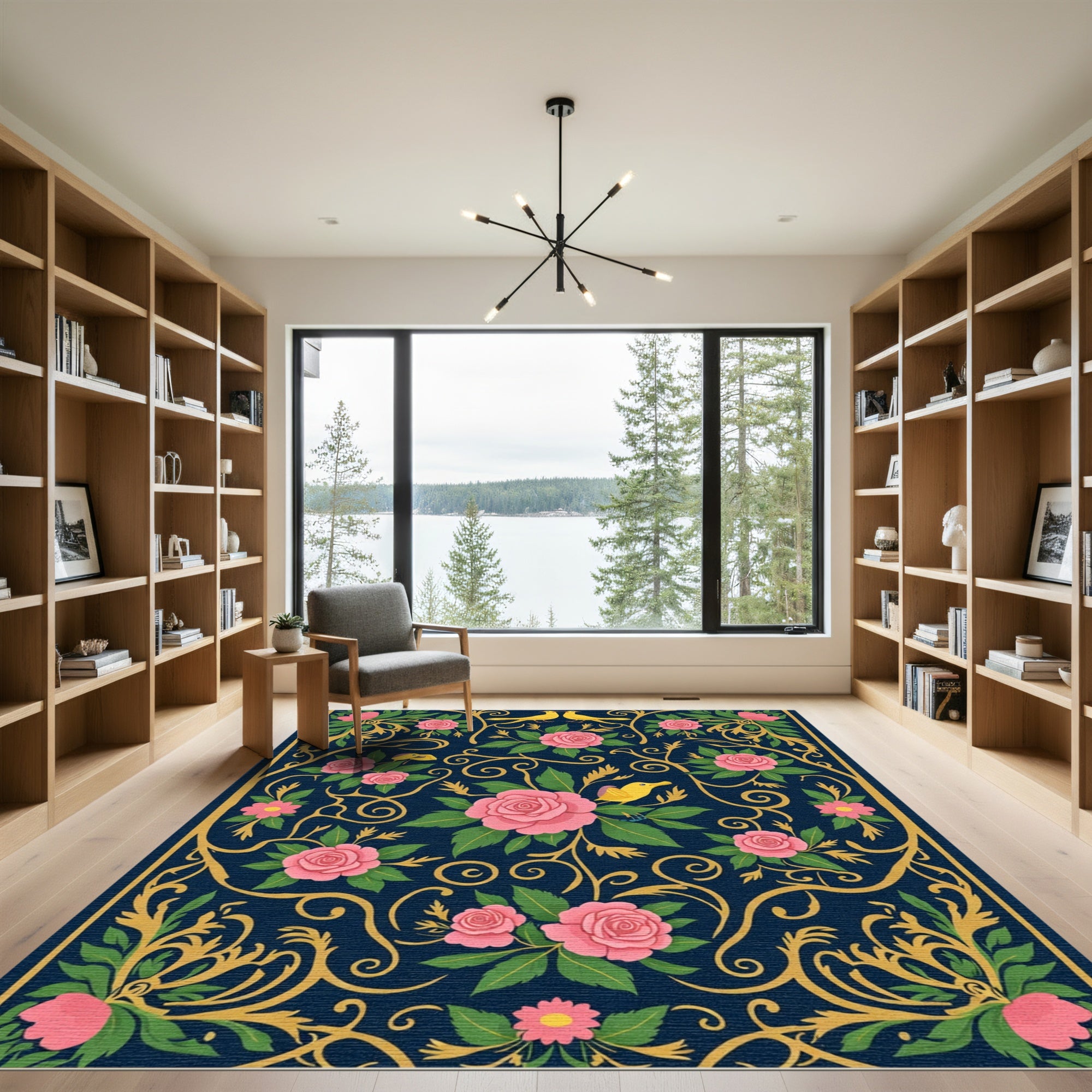 Navy Pink Floral Bird Garden Art Rug