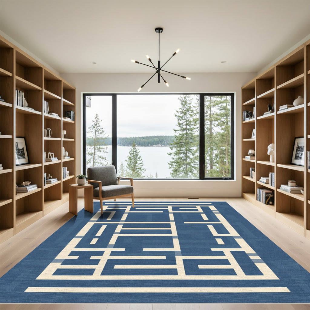 Dark Blue Cream Geometric Labyrinth Rectangles Rug